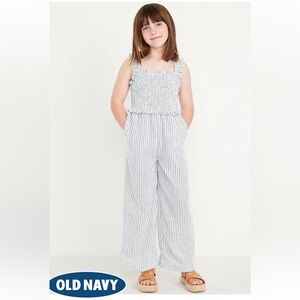 Old Navy Girls Ruffle Trim White & Navy Smocked Jumpsuit
